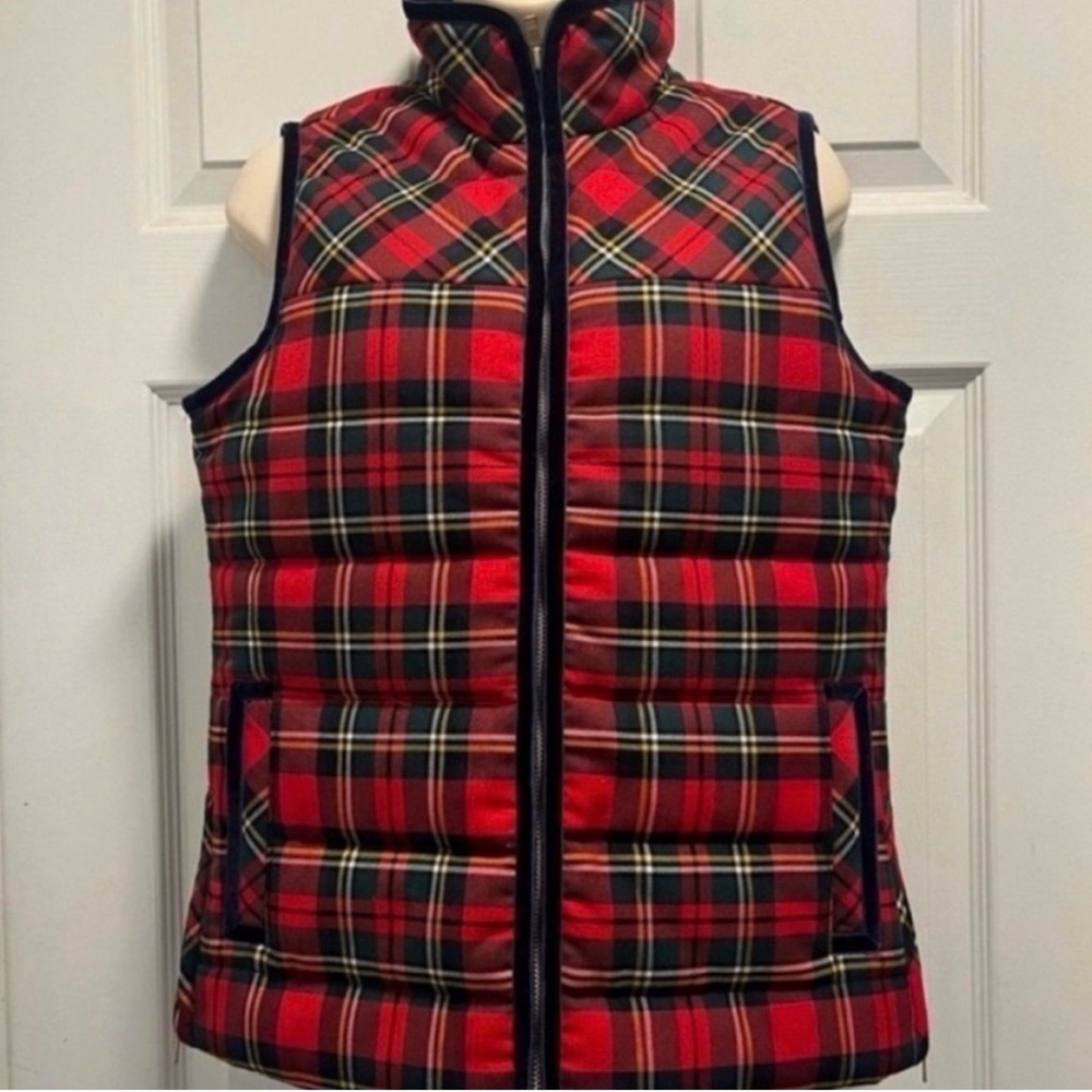 J. Crew Red Tartan Plaid Mountain Puffer Vest Blue Velvet Trim- Extra
Small- NWT